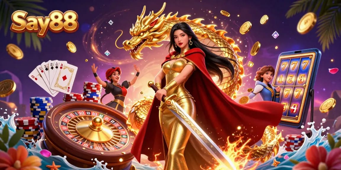 Experience the thrill of Say88 with captivating gaming elements and a majestic warrior queen.