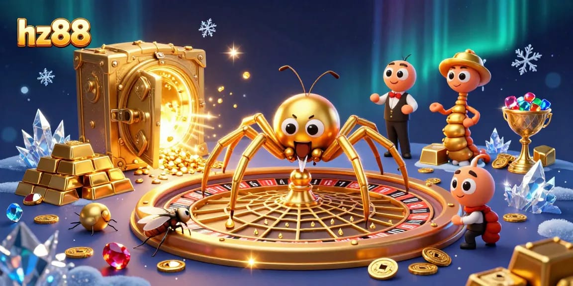 Experience excitement with hz88, a buzzing casino scene featuring a spider roulette and vibrant treasures.