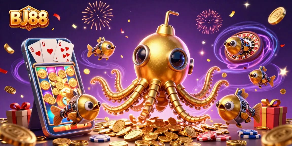 BJ88 showcases an ultra-detailed 3D illustration of a golden kraken casino scene with vibrant gaming elements.