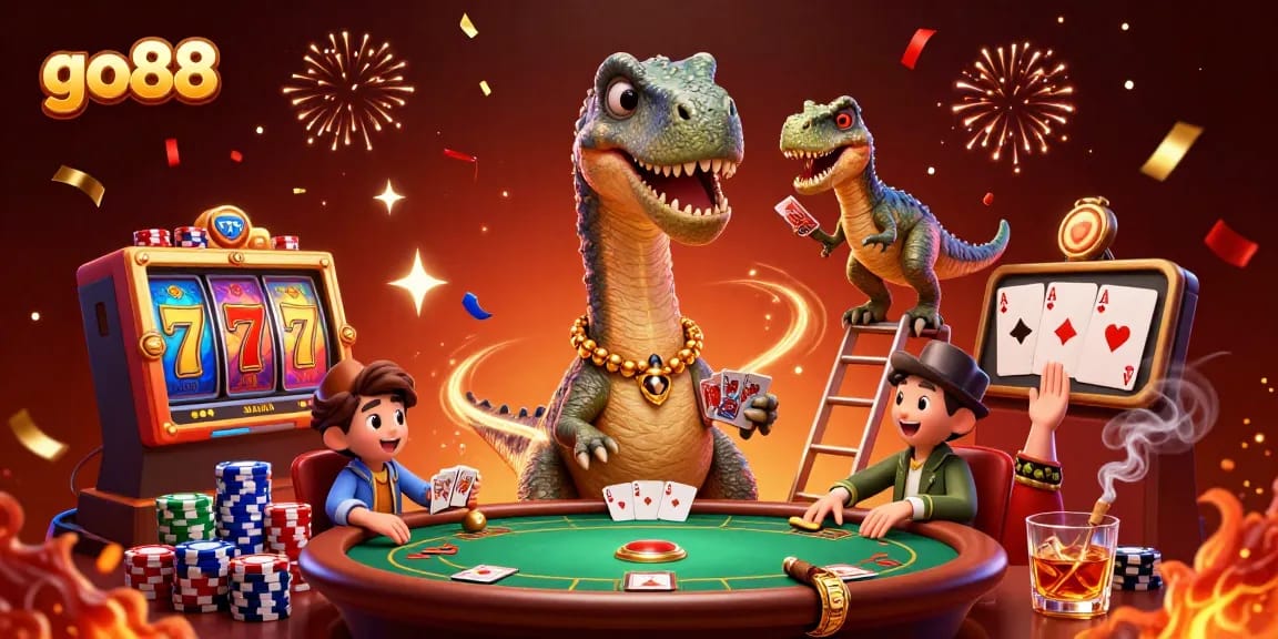 Engage in thrilling gameplay at go88 as a massive cartoon brontosaurus oversees a vibrant poker table.