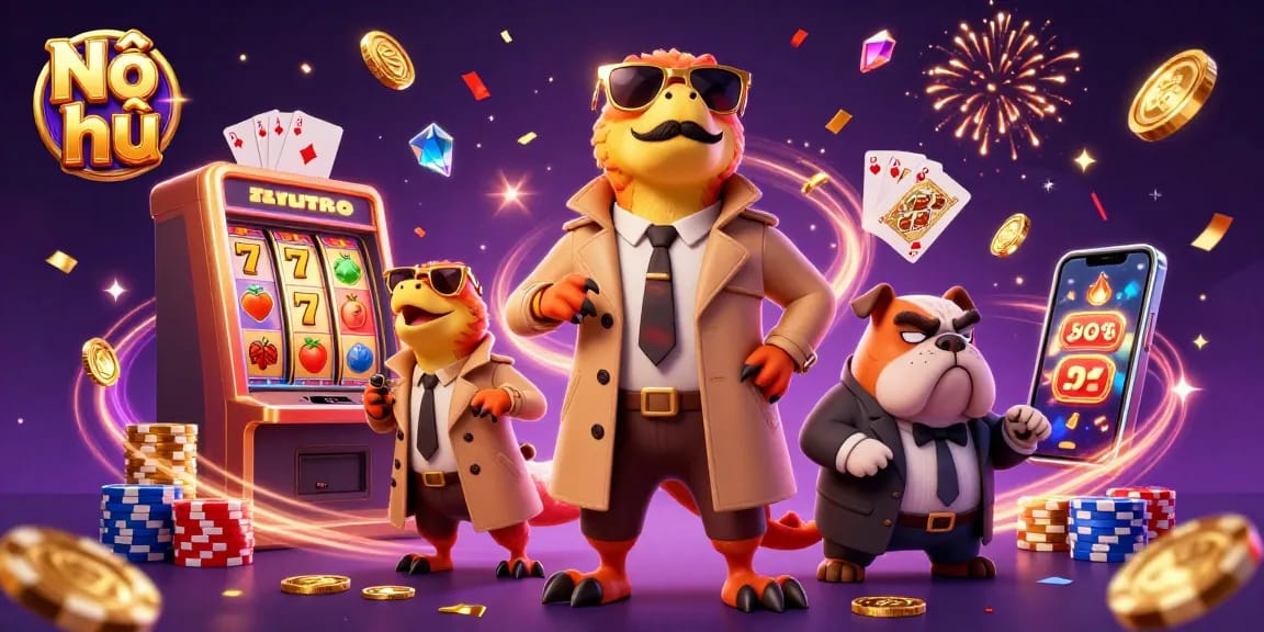 Nổ hũ game action with three raptors in disguise at a VIP casino lounge amidst dazzling slots and gold.