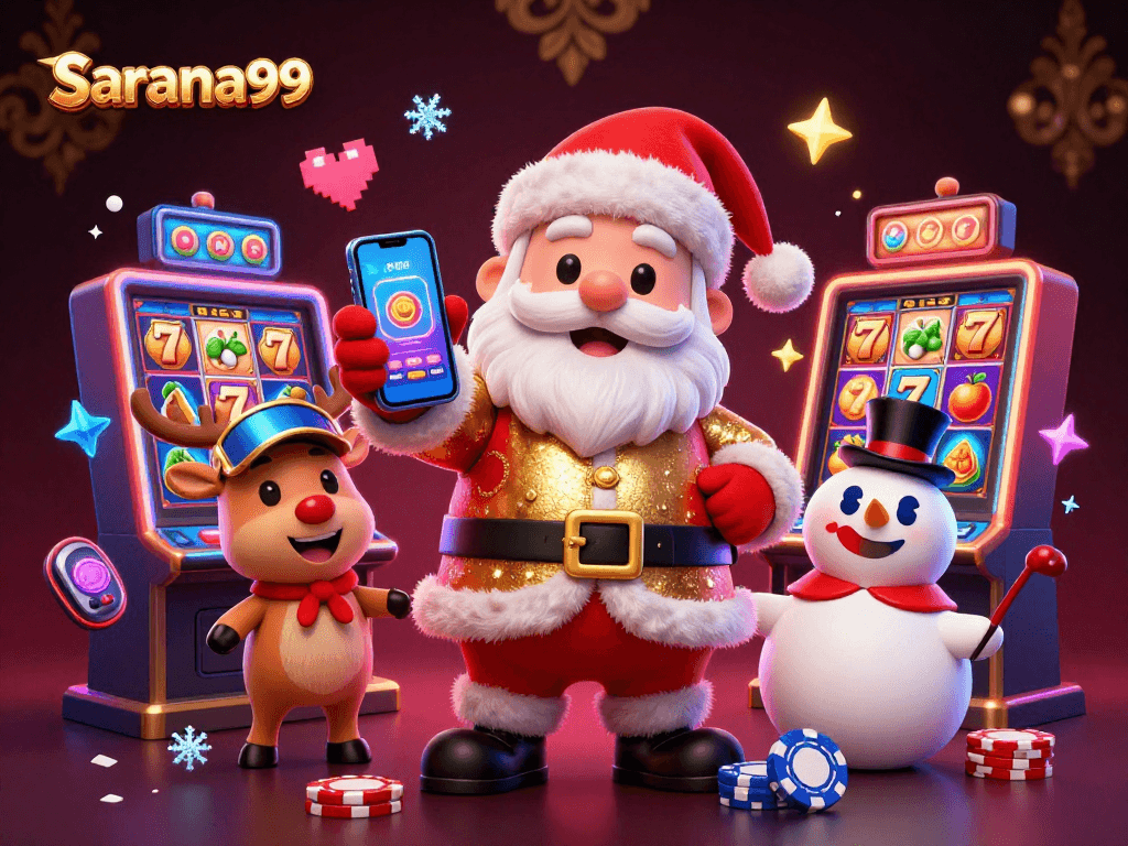 Sarana99 showcases Santa celebrating a jackpot win with colorful slot machines in a festive casino.