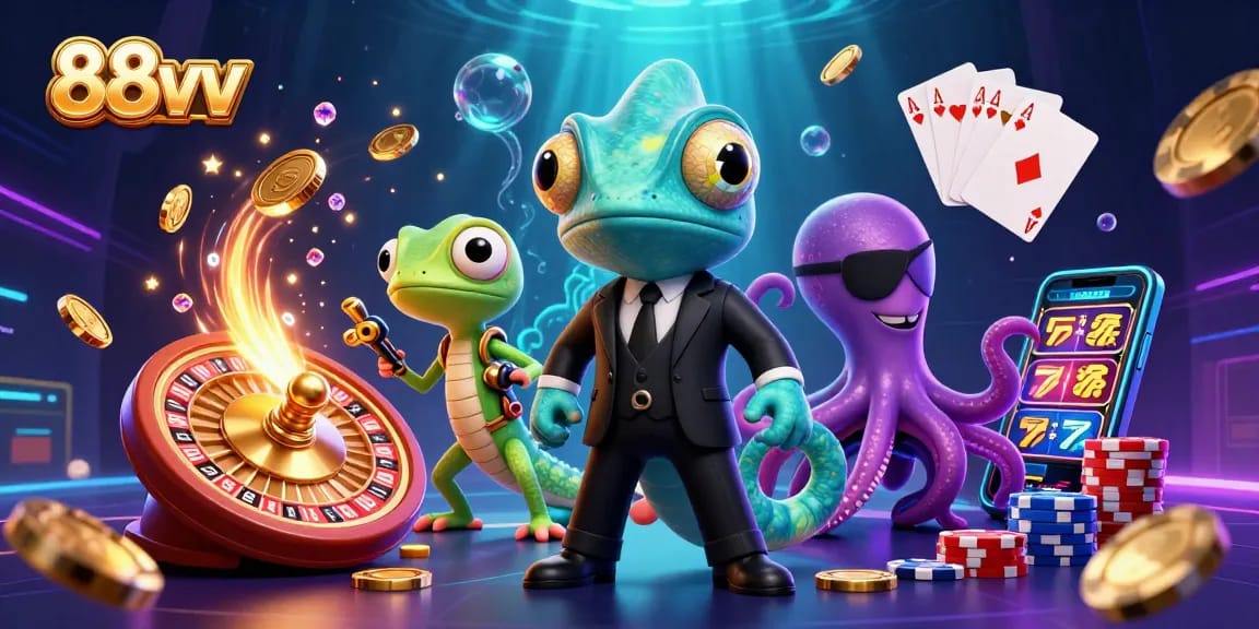 Engage with 88vv's thrilling casino scene featuring vibrant characters and dynamic game elements.