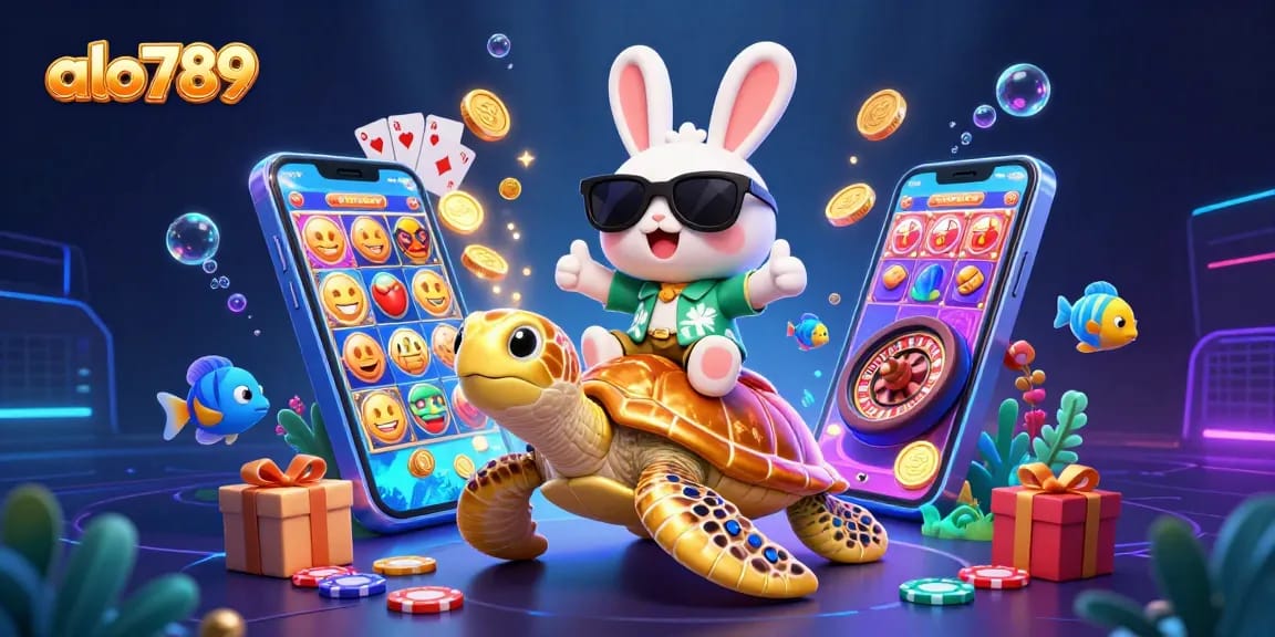 Experience immersive gameplay at alo789 with a lucky rabbit and golden turtle highlighting thrilling casino excitement.