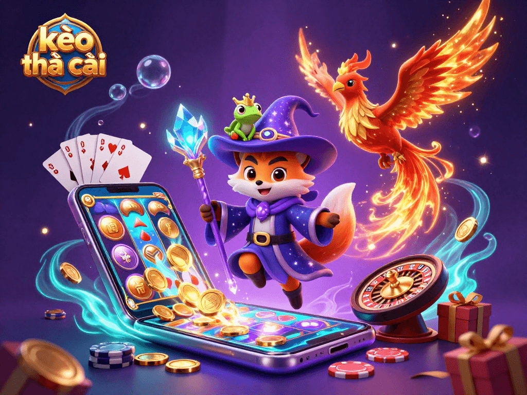 Experience the excitement of kèo nhà cái with a vibrant illustration of a wizard fox and dynamic gaming elements.