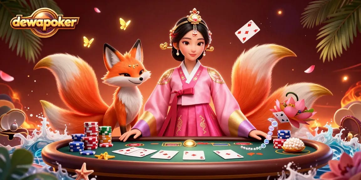 Join the exciting action at dewapoker with vibrant visuals showcasing a poker scene with an elegant woman and lucky fox.