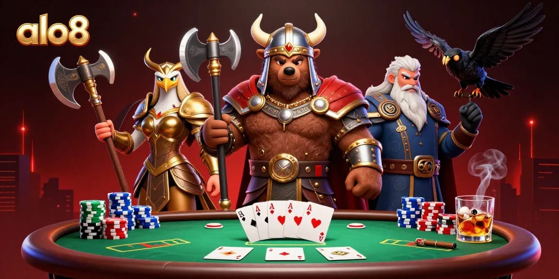 Engage in thrilling games at alo8 with a vibrant 3D casino scene showcasing poker elements.