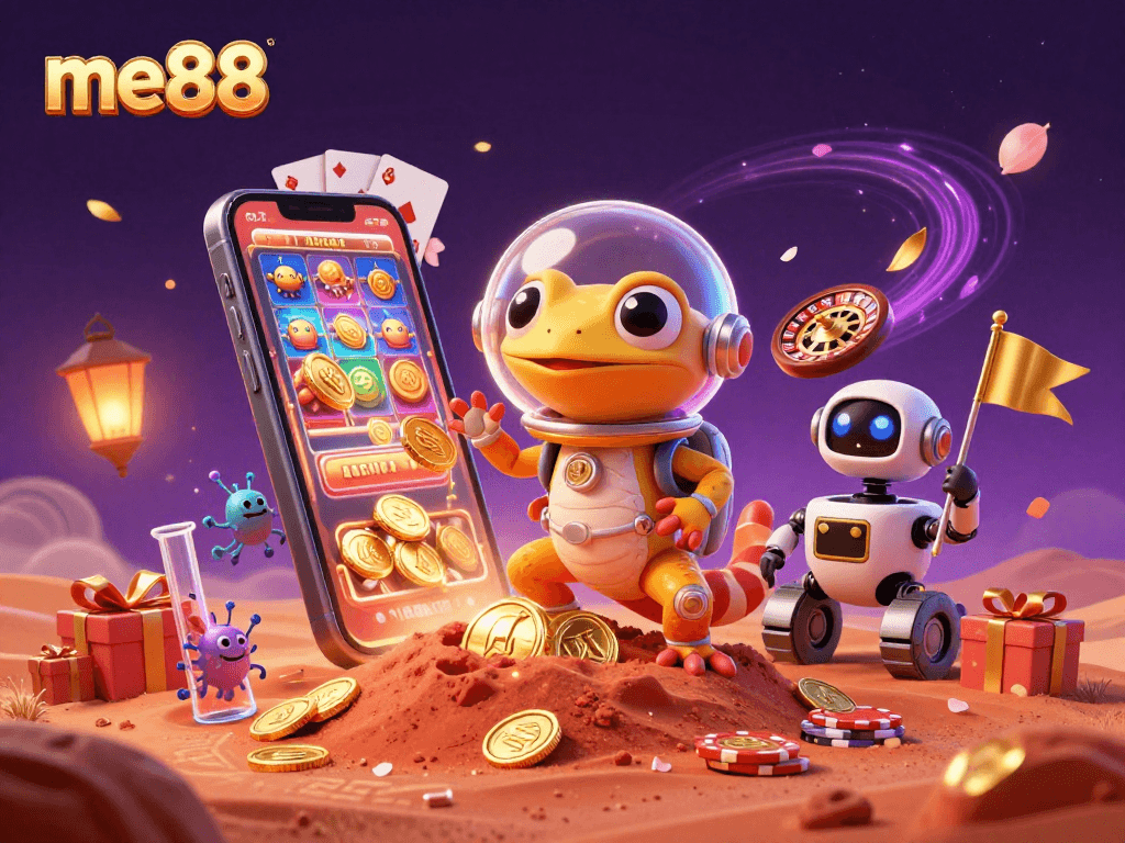 Spin to win at me88 with a Martian gecko finding a golden casino and celebrating with vibrant casino elements.