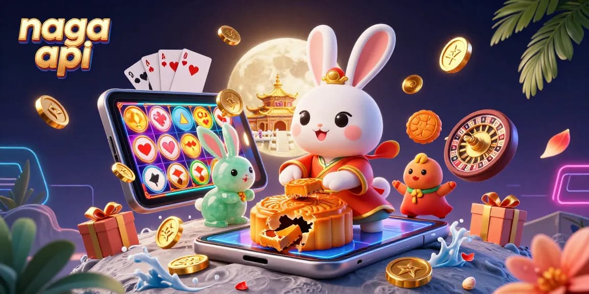 Engage with the exciting world of Naga Api, featuring gambling elements like poker chips and slot games.