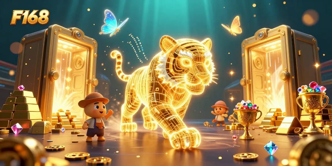 Experience the thrill of F168 as the golden tiger navigates a vibrant digital casino, embodying adventure.