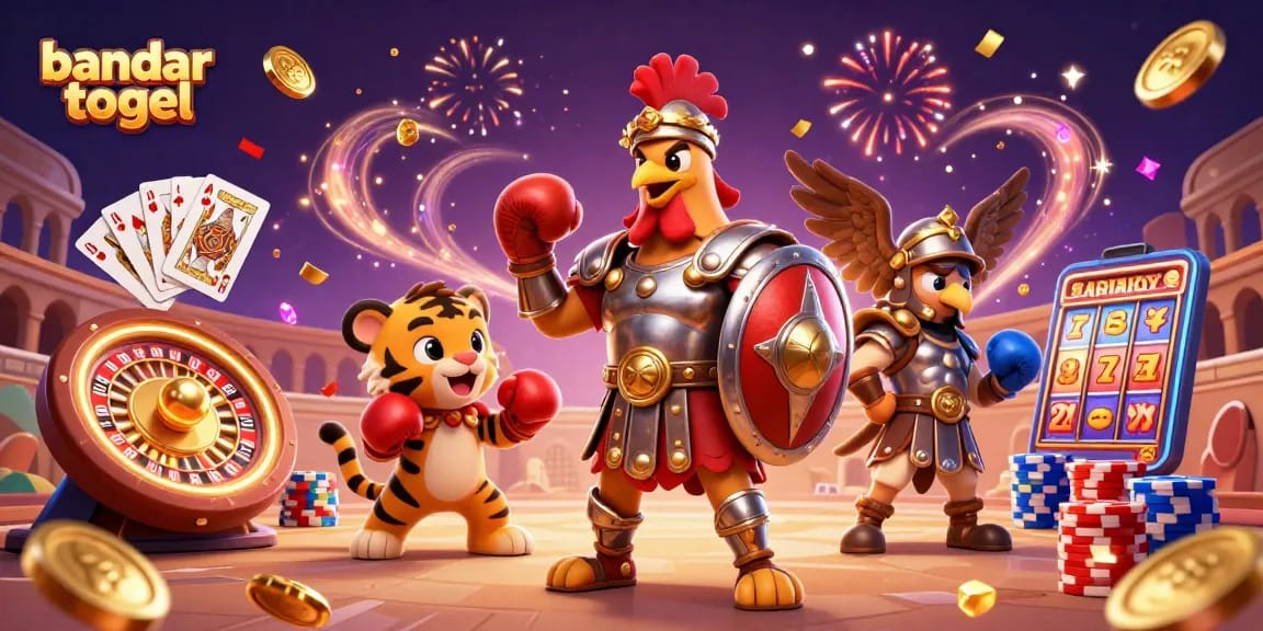Engage with bandar togel in an exciting illustration featuring a rooster gladiator and casino elements.