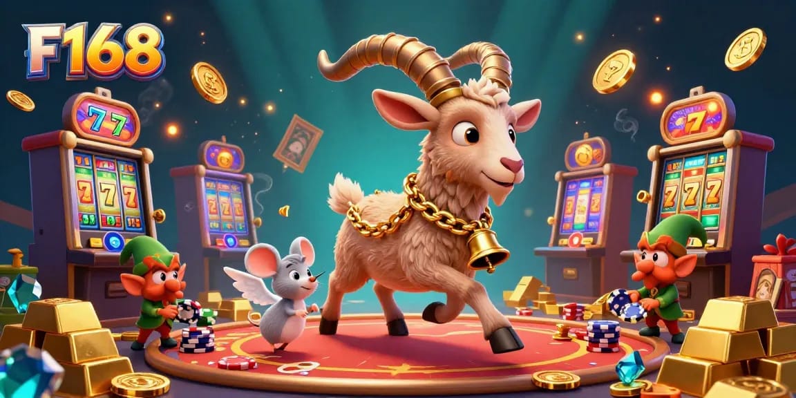 Experience F168's thrilling atmosphere with vibrant casino elements and unique characters in a festive scene.