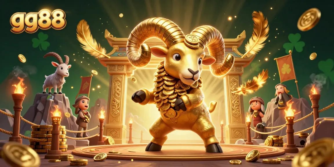 Experience the thrill of gg88’s online casino with golden ram charging through a vibrant 3D scene.
