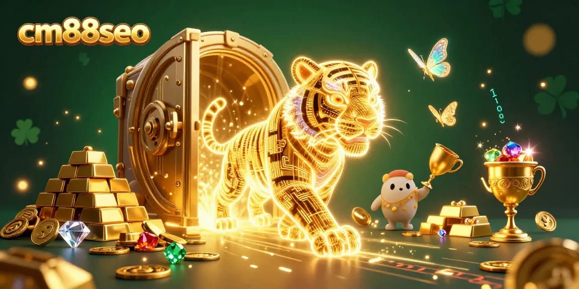 An engaging scene at cm88seo showcasing a neon golden tiger in a vibrant digital casino enriched with treasures.