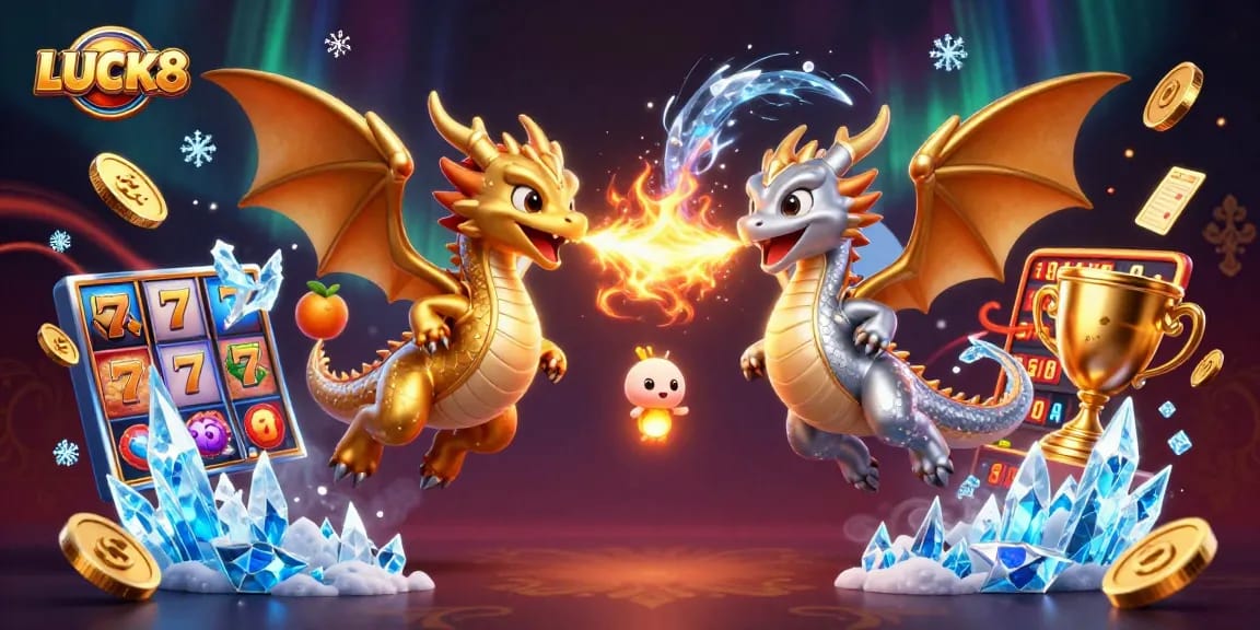 LUCK8 showcases lively dragons in a dynamic casino atmosphere, highlighting thrilling slot action.