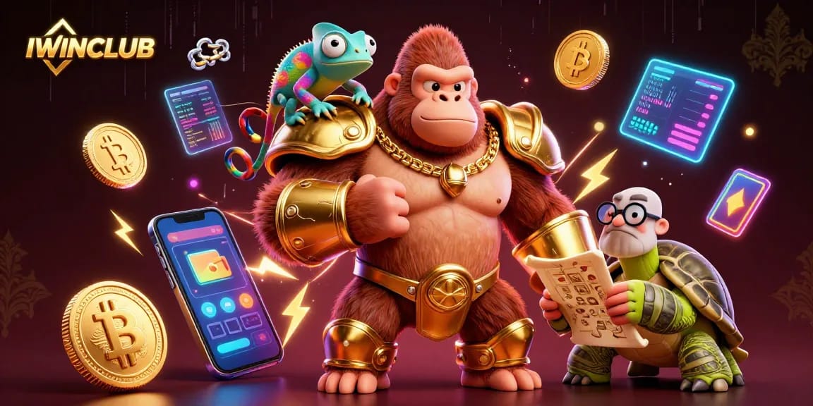 IWINCLUB features a powerful gorilla in gold armor and a colorful chameleon, showcasing a vibrant casino scene.