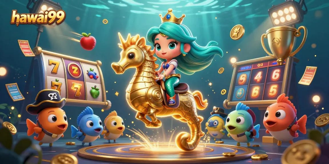 Play exciting slot games with hawai99's vibrant underwater casino illustration featuring colorful characters.