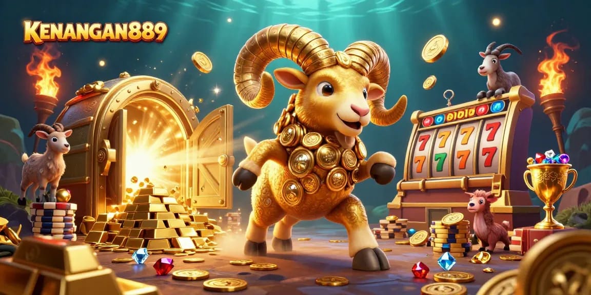 Experience gaming excitement with KENANGAN889, featuring a dynamic scene of golden ram and treasure elements.