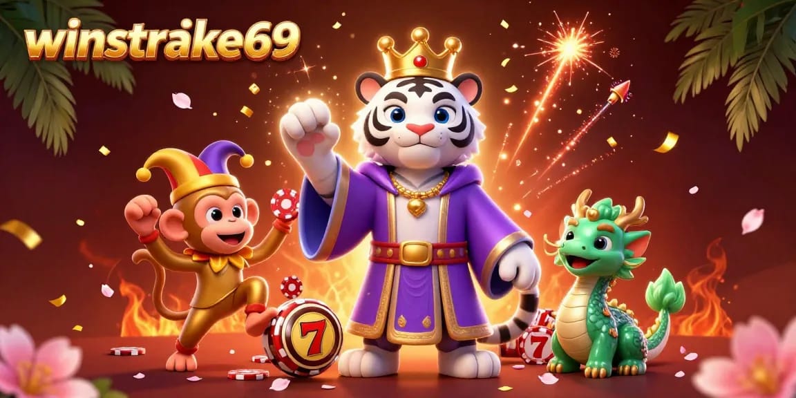 Experience thrilling gameplay with winstrike69 featuring an elegant tiger, monkey, and stunning game elements.