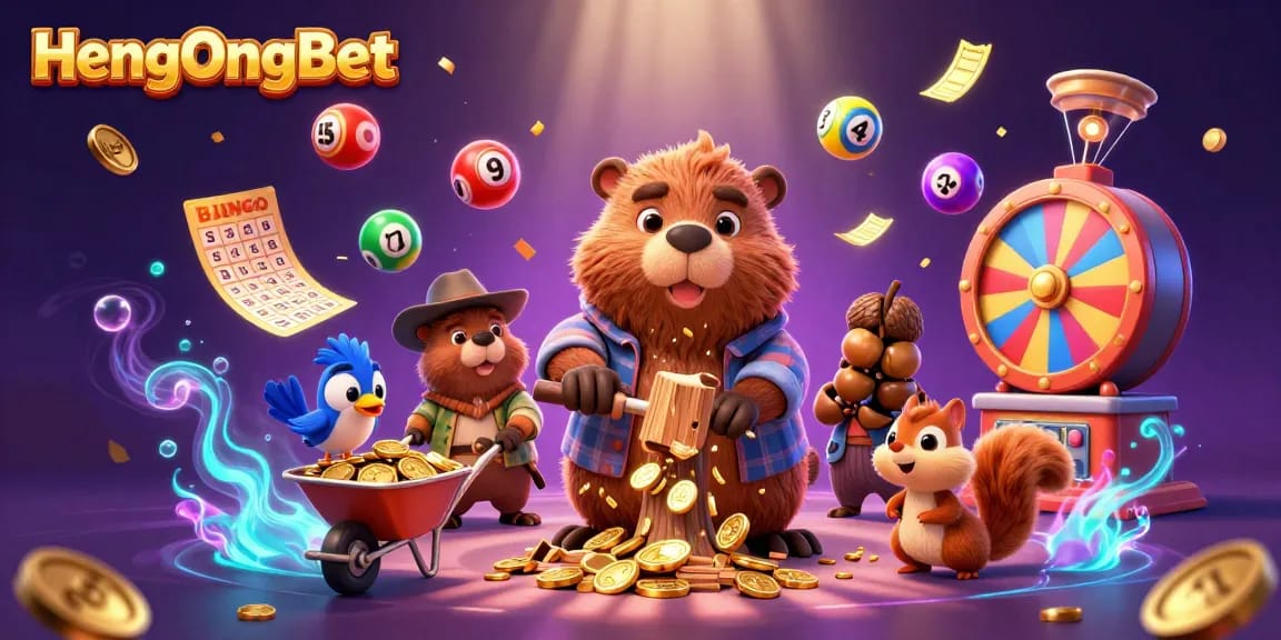 Join the fun at HengOngBet as the beaver brings luck and golden prizes amidst vibrant lottery elements.