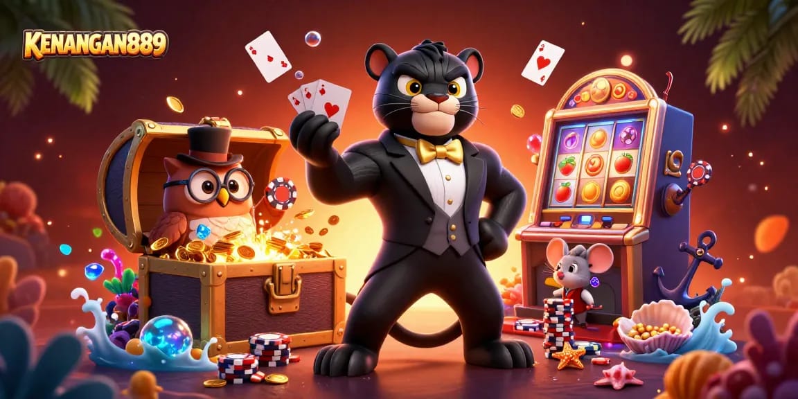 Experience the thrill of winning with KENANGAN889 in a vibrant casino illustration featuring a stylish panther and fun characters.