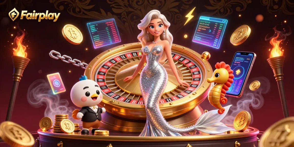 Play Fairplay with our extravagant casino scene featuring a glamorous roulette wheel and crypto icons.