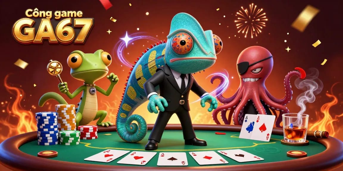Cổng game GA67 offers thrilling poker action with colorful characters in a dynamic casino setting.