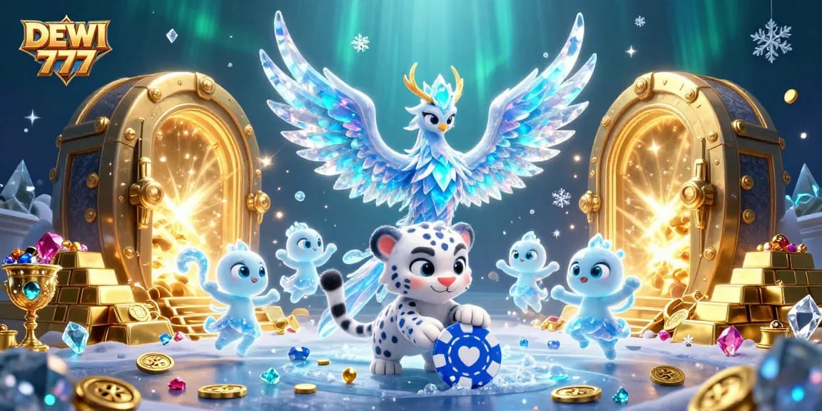 Play dynamic games with DEWI 777 featuring ice-themed characters and treasure in a vibrant casino scene.