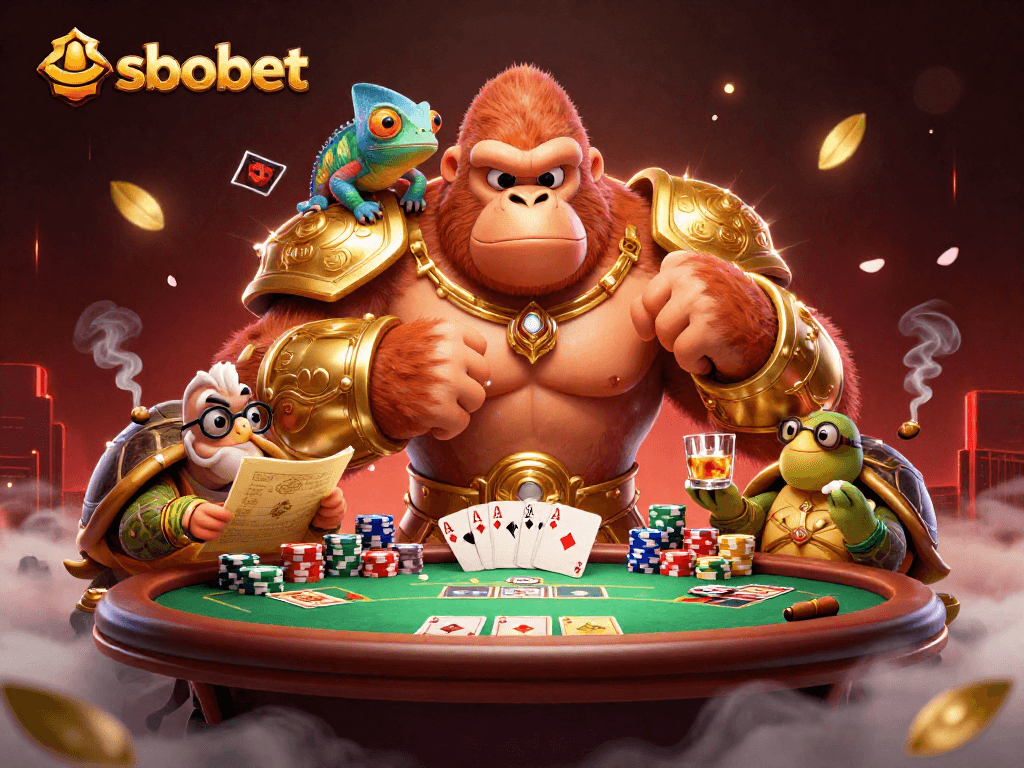 SBOBET showcases thrilling 3D gaming with vibrant characters and dynamic casino elements in an energetic scene.