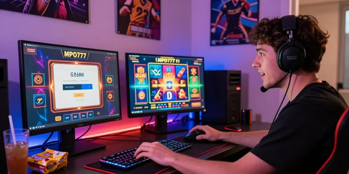 Excited player engaging in mpo777 login on vibrant online gaming platform