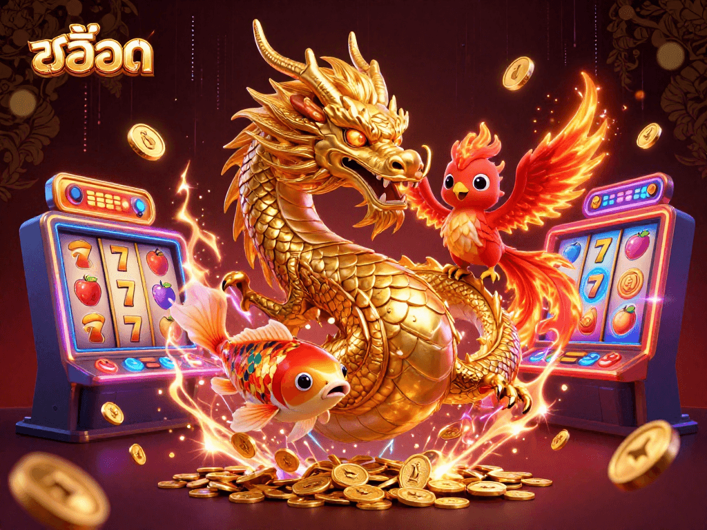 Experience thrilling สล็อต adventures with stunning dragon, phoenix, and koi fish amidst vibrant slot machines!