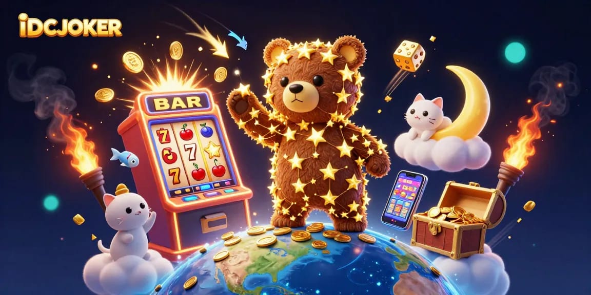 IDCJOKER brings excitement with a bear scooping gold coins under a starry sky in a lively casino scene.