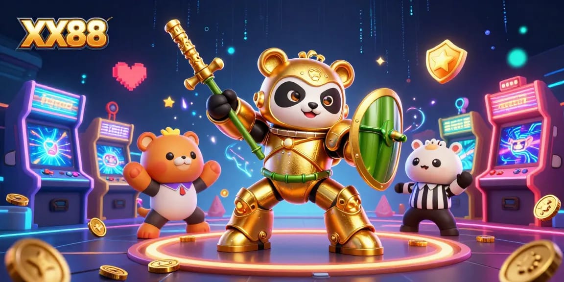 Engage with XX88's vibrant gaming arena featuring a mech-suit panda and dynamic arcade elements.