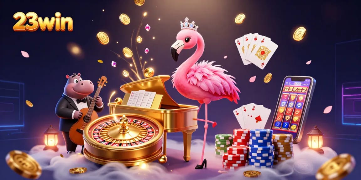 Experience excitement with 23win as the flamingo serenades at a vibrant casino scene.