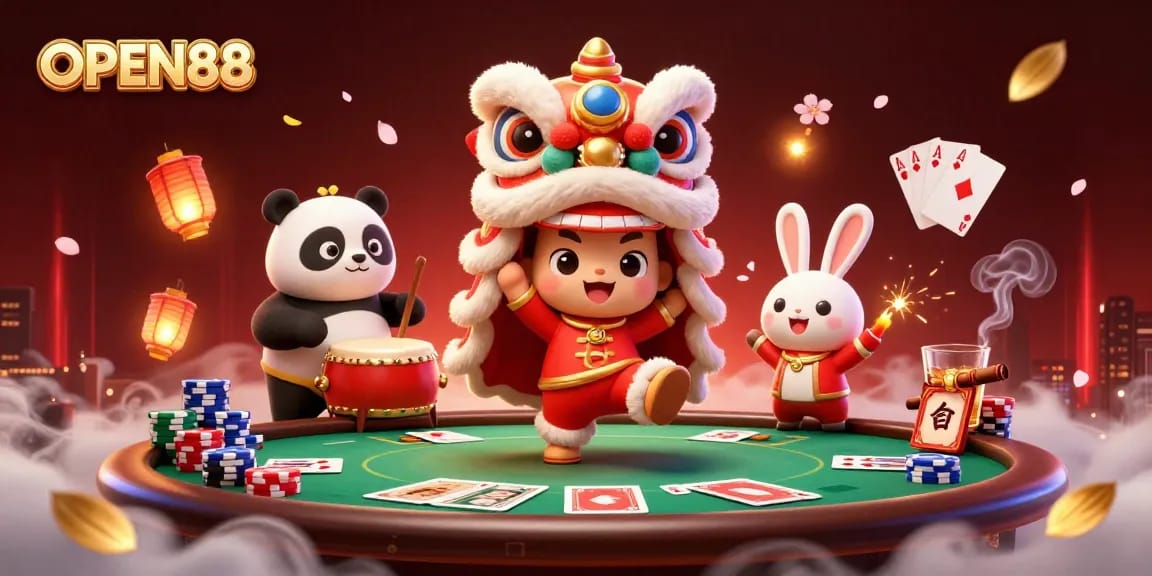 Experience the thrill of OPEN88 with vibrant casino-themed characters dancing among poker elements.