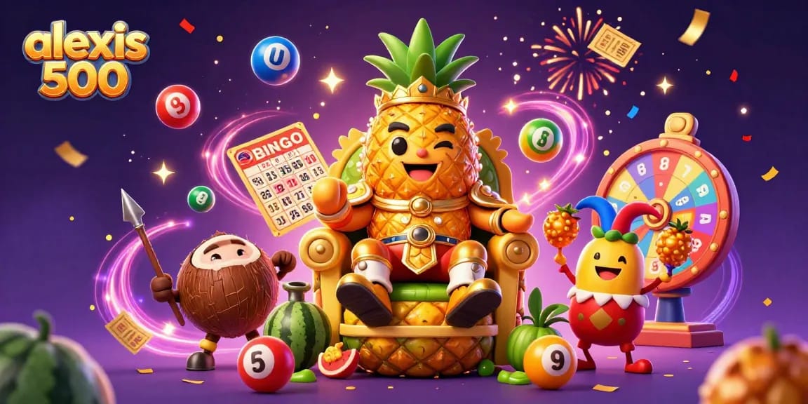 Experience the excitement of alexis 500 with colorful lottery elements and festive characters in a vibrant casino scene.