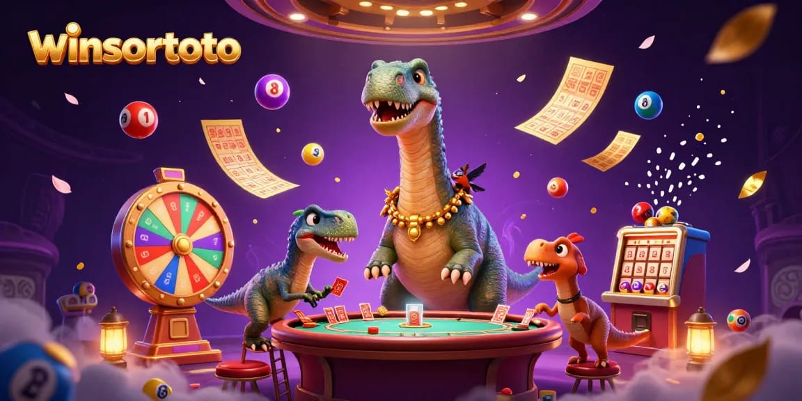 Engage with winsortoto at a vibrant 3D casino scene featuring a brontosaurus and raptor.