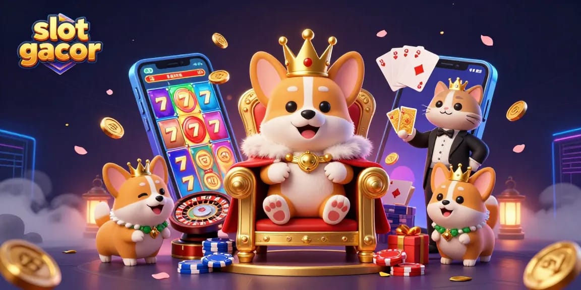 Engage with slot gacor excitement as a royal corgi reigns over a colorful casino scene.