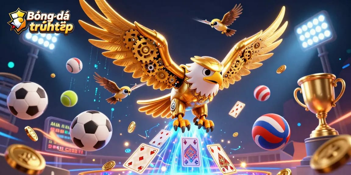 Bóngđátrựctiếp promotes thrilling sports betting with vibrant 3D illustration of dynamic soccer and football elements.