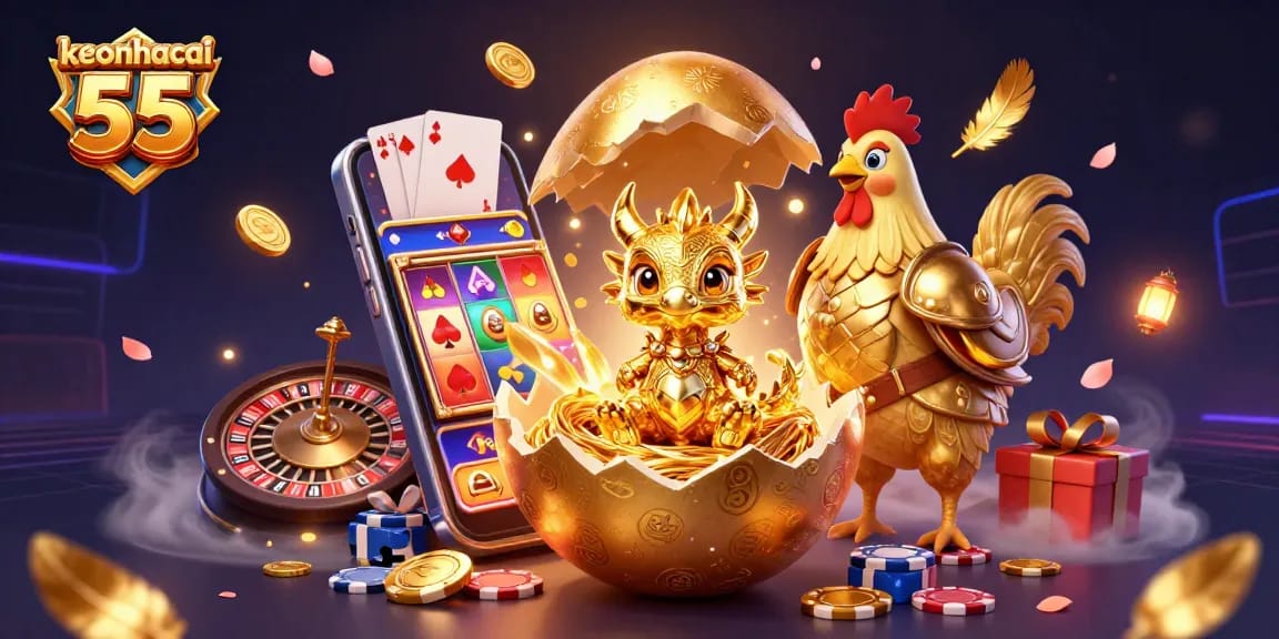 Engage with keonhacai 55's vibrant gaming experience featuring a golden dragon guarding poker chips.