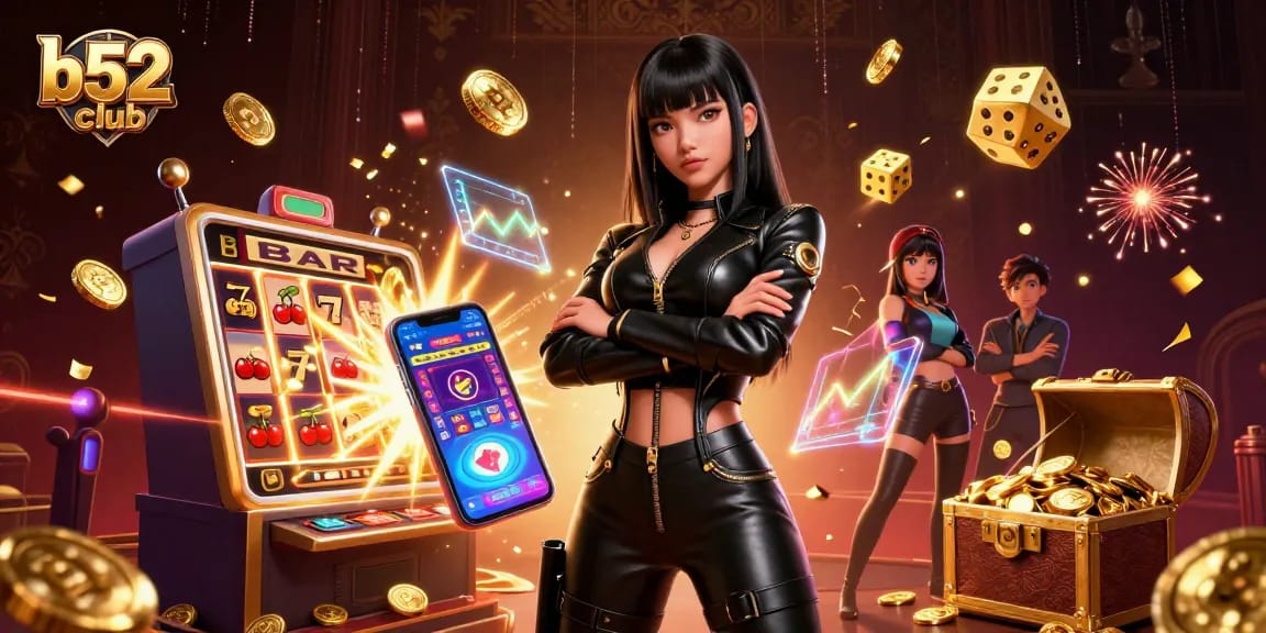 Win big with b52club's jackpot slots, featuring vibrant coins and neon thrills.