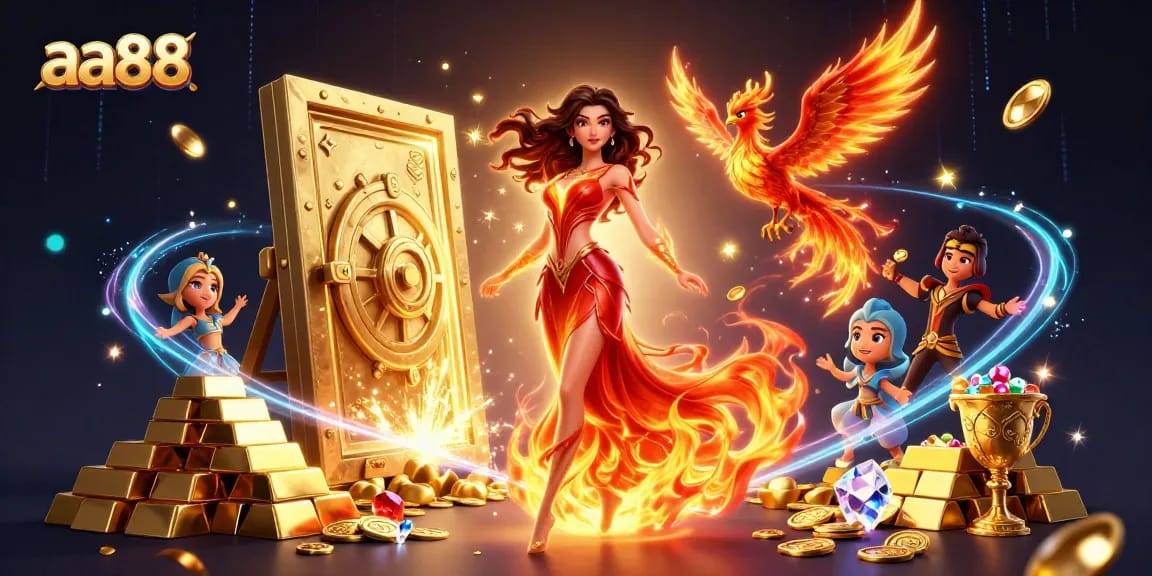 Engage with the lively atmosphere of aa88, showcasing a dynamic casino scene filled with treasures and excitement.