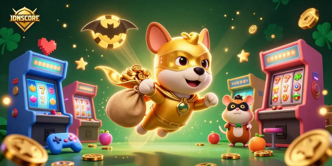 IDNSCORE showcases thrilling online gaming experiences with vibrant graphics and engaging characters in an animated casino setting