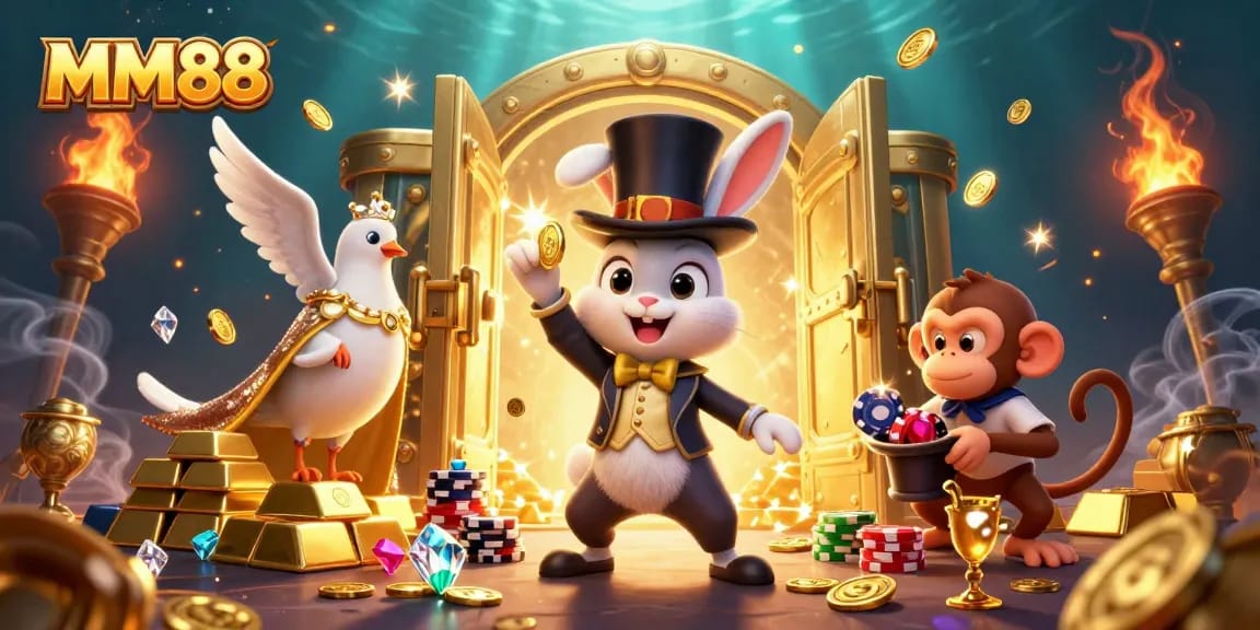MM88 promotes excitement with a magician rabbit pulling coins, showcasing thrilling online gaming.