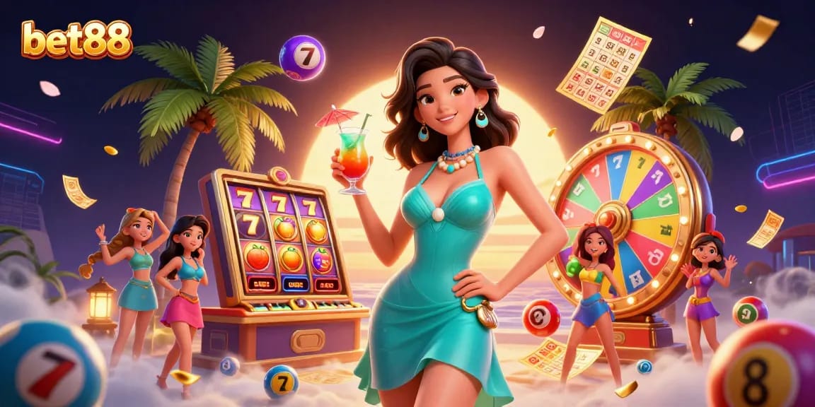 Experience the thrill of bet88 with our vibrant tropical casino illustration featuring exciting slots and games.