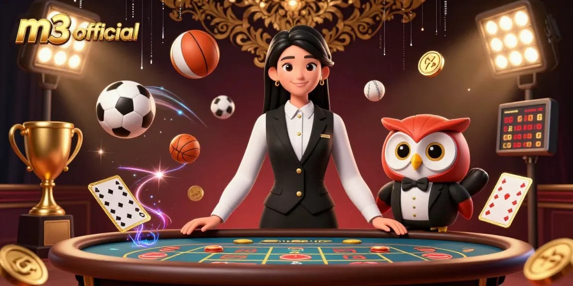 Bet on exciting games at m3 official with a professional dealer surrounded by vibrant casino elements.