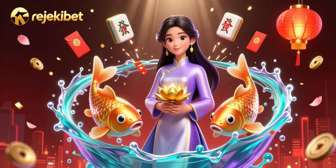 Engage in rejekibet's thrilling gameplay as an elegant lady embraces a golden lotus in a vibrant casino scene.