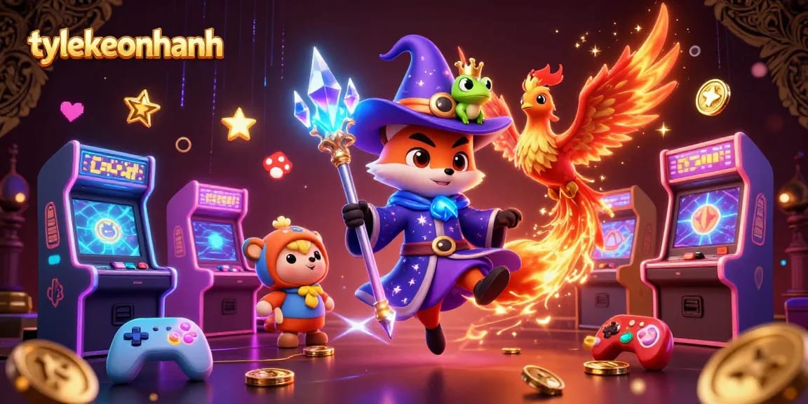 Experience thrilling slots at tylekeonhanh with a phoenix wizard in a vibrant casino scene.