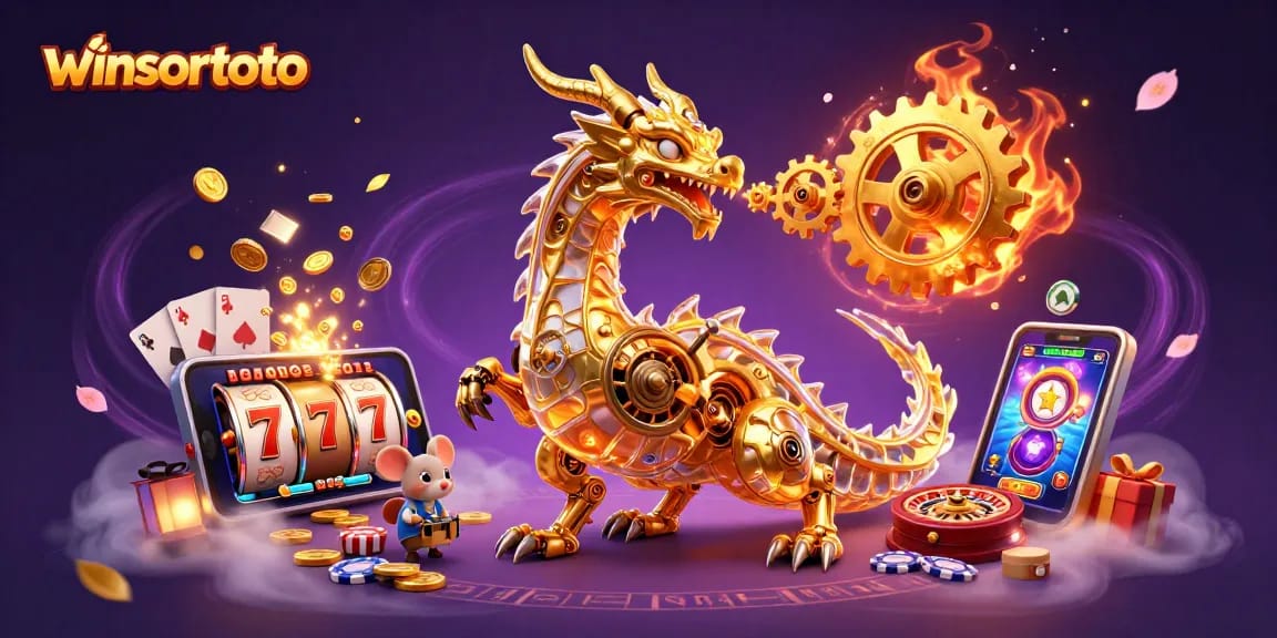Engage with winsortoto's thrilling 3D casino scene featuring a golden dragon and vibrant gaming elements.