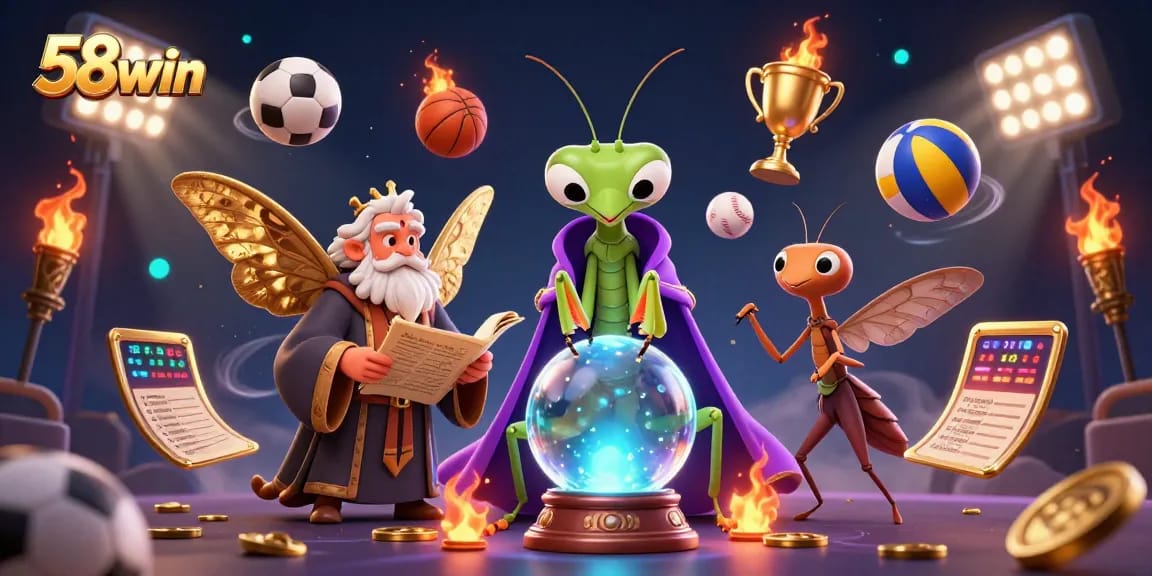 Engage with 58win's immersive scene featuring dynamic sports elements and mystical characters.